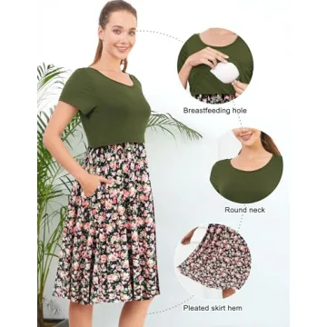 PARNIXS Women's Summer Nursing Dress with Pockets Maternity Comfort