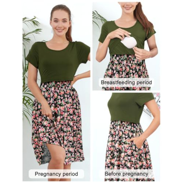 PARNIXS Women's Summer Nursing Dress with Pockets Maternity Comfort