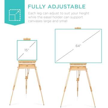Best Choice Products French Easel, 32pc Beginners Kit Portable Wooden Folding Adjustable Sketch Box Artist Tripod for Painting, Drawing w/Acrylic Paints, Brushes, Canvases, Palettes - Natural