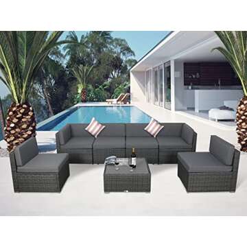 7 Piece Outdoor Patio Furniture Set with Cushions, PE Rattan Wicker Modular Outdoor Sectional L Shap...