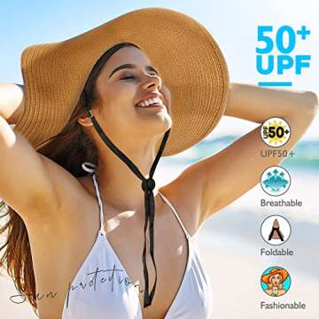 Foldable Beach Sun Hat for Women, UV Protection Wide Brim Straw Visor Hats, Fashionable Boho Hats fo...