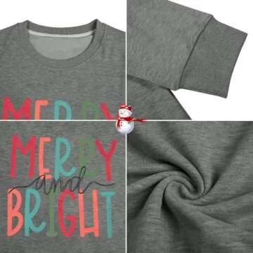 MOUSYA Oversized Christmas Pullovers Women Merry Bright Colorful Letter Printed Sweatshirt Christmas Long Sleeve Sweatshirt Light Grey