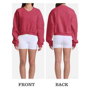 Hatant Sweatshirt for Women Acid Wash Athletic Hoodies Heritage Fleece V-neck Long Sleeve Hoodie Y2K Crop Pullover Women Sweatshirt Cotton Fleece Lined Hoodies Teen Workout Pullover Shirt Rose-XL