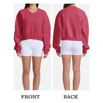 Hatant Sweatshirt for Women Acid Wash Athletic Hoodies Heritage Fleece V-neck Long Sleeve Hoodie Y2K Crop Pullover Women Sweatshirt Cotton Fleece Lined Hoodies Teen Workout Pullover Shirt Rose-XL