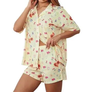 LIUYANFENGZ Women 2Piece Set Fruit Print Short Sleeves Button Shirt and Elastic Waist Pants Loungewear Soft Sleepwear(Beige,Small)