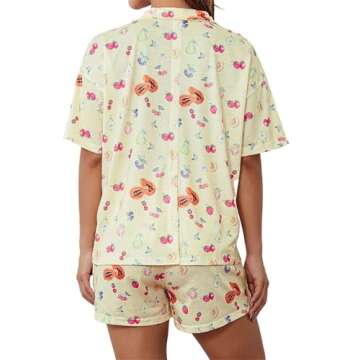 LIUYANFENGZ Women 2Piece Set Fruit Print Short Sleeves Button Shirt and Elastic Waist Pants Loungewear Soft Sleepwear(Beige,Small)