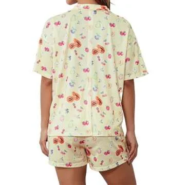 LIUYANFENGZ Women 2Piece Set Fruit Print Short Sleeves Button Shirt and Elastic Waist Pants Loungewear Soft Sleepwear(Beige,Small)