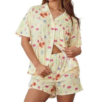 LIUYANFENGZ Women 2Piece Set Fruit Print Short Sleeves Button Shirt and Elastic Waist Pants Loungewear Soft Sleepwear(Beige,Small)