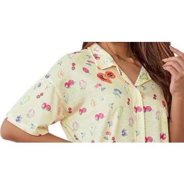 LIUYANFENGZ Women 2Piece Set Fruit Print Short Sleeves Button Shirt and Elastic Waist Pants Loungewear Soft Sleepwear(Beige,Small)