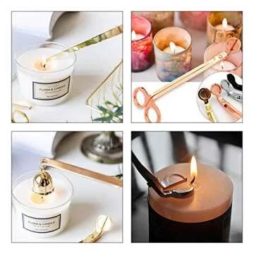 LOVE MEI 3 in 1 Candle Accessory Set, Candle Wick Trimmer Candle Cutter, Candle Snuffer Extinguisher, Candle Wick Dipper Candle Tools Kit Gift Package for Candle Lover,Family, Party,Dating Gold