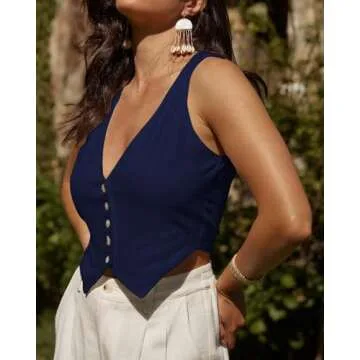 Sleeveless Vest Tops for Women Summer Linen Lightweight Causal Corset Petite Fitted Short Ladies Cute Tank Top Womens Blazers Jackets Suits Blue 0S