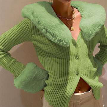 Women's Fluffy Long Sleeve V-Neck Cropped Knit Cardigan Sweater Solid Pullover Tops with Faux Fur Trim Collar Cuffs (A Green, L)