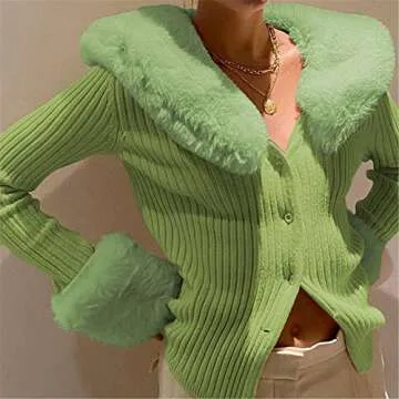 Women's Fluffy Long Sleeve V-Neck Cropped Knit Cardigan Sweater Solid Pullover Tops with Faux Fur Trim Collar Cuffs (A Green, L)