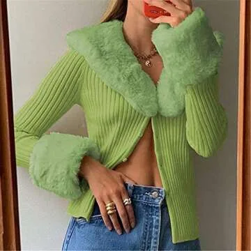 Women's Fluffy Long Sleeve V-Neck Cropped Knit Cardigan Sweater Solid Pullover Tops with Faux Fur Trim Collar Cuffs (A Green, L)