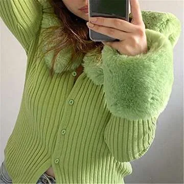 Women's Fluffy Long Sleeve V-Neck Cropped Knit Cardigan Sweater Solid Pullover Tops with Faux Fur Trim Collar Cuffs (A Green, L)