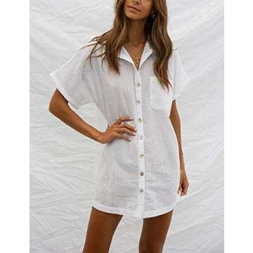 AILUNSNIKA Womens White Button Down Shirt Tunic Dress Short Turn Down Collar Beach Bikini Cover Up with Pocket