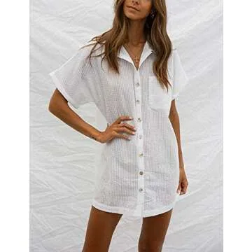 AILUNSNIKA Womens White Button Down Shirt Tunic Dress Short Turn Down Collar Beach Bikini Cover Up with Pocket