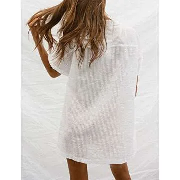 AILUNSNIKA Womens White Button Down Shirt Tunic Dress Short Turn Down Collar Beach Bikini Cover Up with Pocket