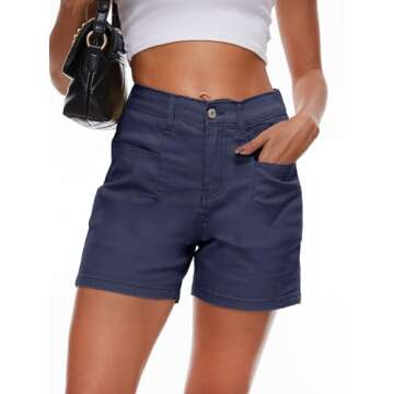 Rasutina Women Navy Blue Jean Shorts High Waisted Denim Shorts for Women Chino Cargo Shorts Women's Summer Jorts