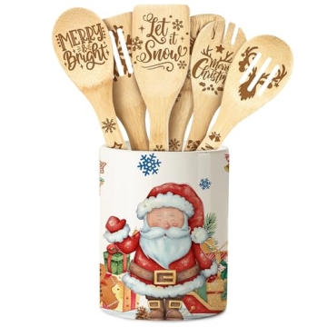 Christmas Utensil Holder Ceramic with 6 PCS Cooking Utensil, Christmas Women Gifts Santa Claus Cooki...