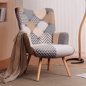 Joysoul Living Room Accent Chair Modern High Back Arm Chair, Grey Plaid Chairs for Bedroom Waiting R...