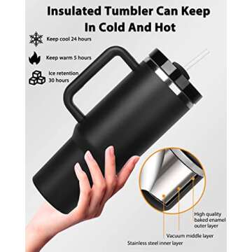 METRICCHIMP 40 oz Tumbler With Handle and Straw Lid Insulated Reusable Stainless Steel Water Bottle Travel Mug Iced Coffee Cup for Hot Cold Beverages with