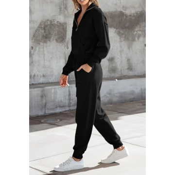 PRETTYGARDEN Women's 2 Piece Sweater Set Pullover Zip Up Sweatshirt Jogger Sweatpants Tracksuit Casual Outfit (Black,Small)