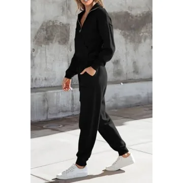 PRETTYGARDEN Women's 2 Piece Sweater Set Pullover Zip Up Sweatshirt Jogger Sweatpants Tracksuit Casual Outfit (Black,Small)