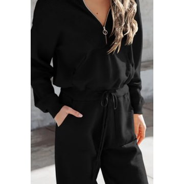 PRETTYGARDEN Women's 2 Piece Sweater Set Pullover Zip Up Sweatshirt Jogger Sweatpants Tracksuit Casual Outfit (Black,Small)