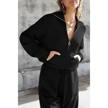 PRETTYGARDEN Women's 2 Piece Sweater Set Pullover Zip Up Sweatshirt Jogger Sweatpants Tracksuit Casual Outfit (Black,Small)