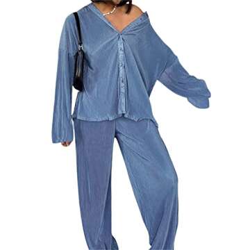 Women 2 Piece Linen Outfit Sets Casual Cotton Linen Long Sleeve Button Down Shirt and Long Pants Sum...