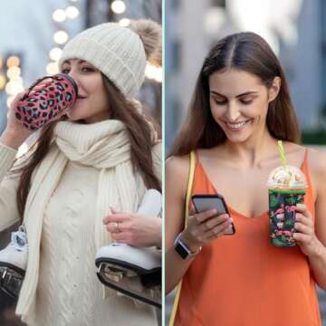 AJLTPA Iced Coffee Sleeve Insulator Sleeves for Cold Drinks Beverages, 3 Pack Reusable Neoprene Cup Sleeve with Handle for 16-32oz Coffee cups (Classic Leopard)