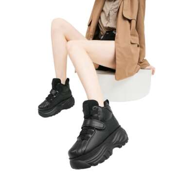 ANUFER Women's Goth Punk High Top Platform Chunky Sneakers Lace Up Wedgel Heel Dad Shoes Black SN02924 US9