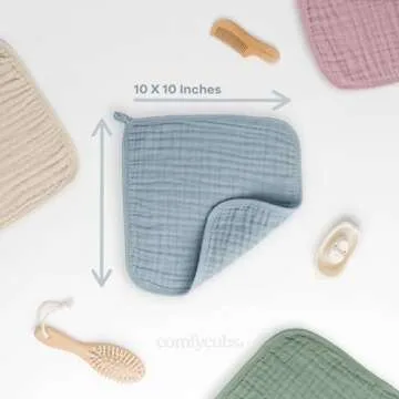 Comfy Cubs Muslin Baby Washcloths 10 Pack - Soft 6-Layer Cotton Wash Cloths for Sensitive Skin - 10"x10" Large, Gentle, Absorbent Infant Essentials for Newborn and Toddlers - (Pacific Blue)