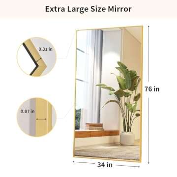 Easly Full Length Mirror with Stand 34"x76" Full Body Mirror Floor Mirror Standing Hanging or Leaning Wall, Wall Mirror with Stand Aluminum Alloy Frame for Living Room Bedroom Cloakroom,Gold