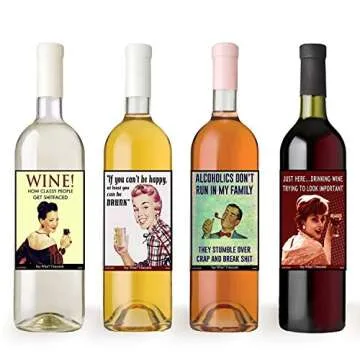 Funny Retro Vintage Themed Liquid Therapy Wine Bottle Labels - Set of 8 Wine Bottle Labels - 5 Inch X 4 Inch