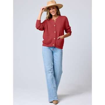 ANRABESS Women's Tweed Knit Cardigan Sweater Casual Long Sleeve Cropped Button Down Lady Jackets 2025 Spring Fashion Outwear Red Small