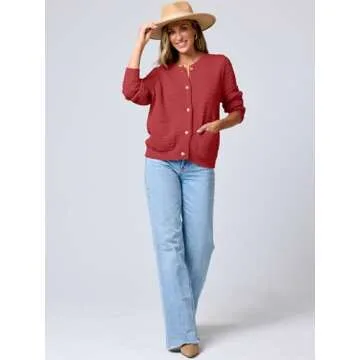 ANRABESS Women's Tweed Knit Cardigan Sweater Casual Long Sleeve Cropped Button Down Lady Jackets 2025 Spring Fashion Outwear Red Small