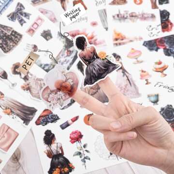 Dizdkizd Journaling Sticker Book for Adults, 278 Pre-Cut Fashion Girl Aesthetic Sticker, PET & Paper Scrapbooking Bullet Journal Supplies, Planner Sticker for Women