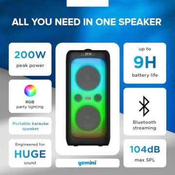 Gemini Sound GGO-2650L Portable Bluetooth Boombox - 200W Dual 6.5" Woofers, LED Party Lighting, TWS Pairing, Wireless Mic, USB, Aux, Rechargeable Battery, 9hr Play Time