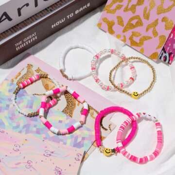 YALASOBA Preppy Bracelets Set Colorful White Gold Smile Heart Star Evil Eye Beaded Polymer Clay Pearl Stackable Charm Y2K Kidcore Summer Beach Bohemian Layering Bracelets Jewelry for Women Girls Teens (Pink)