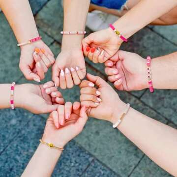 YALASOBA Preppy Bracelets Set Colorful White Gold Smile Heart Star Evil Eye Beaded Polymer Clay Pearl Stackable Charm Y2K Kidcore Summer Beach Bohemian Layering Bracelets Jewelry for Women Girls Teens (Pink)