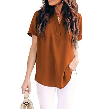 Allimy Women Summer Short Sleeve Shirts Casual V Neck Tunics Tops and Blouses Medium Orange