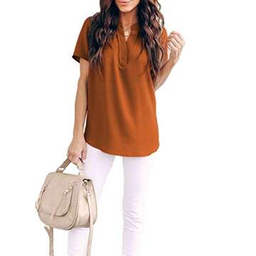 Allimy Women Summer Short Sleeve Shirts Casual V Neck Tunics Tops and Blouses Medium Orange
