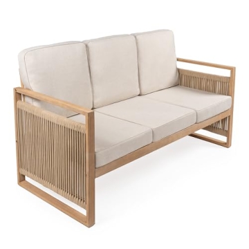 JONATHAN Y SFB1002A Gable 3-Seat Mid-Century Modern Roped Acacia Wood Outdoor Sofa with Cushions Sca...