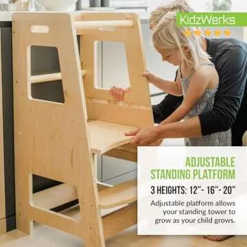 KidzWerks Child Standing Tower Kids Kitchen Step Stool Toddler Wood Stepping Stool - Children's Montessori Stool - Adjustable Platform, Natural Wood