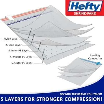 Hefty Shrink-Pak Large Travel Bags - Airtight Storage Bags for Maximum Space Saving, Travel Essentia...