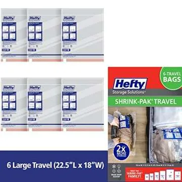 Hefty Shrink-Pak Large Travel Bags - Airtight Storage Bags for Maximum Space Saving, Travel Essentials, Ideal for Packing, Durable, Reliable Compression with Sealed Protection