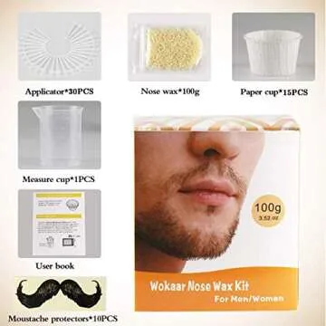 Wokaar Nose Wax Kit, 100 g Wax, 30 Applicators, 15-20 Uses. Nose & Ear Hair Removal for Men and Women- Safe, Easy, Quick & Painless Hair Remover
