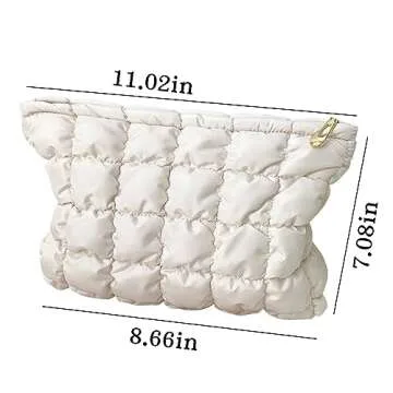 WANNES Cute Cosmetic Bag for Women, Soft and Fluffy Travel Makeup Bag with Durable Zipper, Essential Skincare and Toiletry Organizer Pouches (off-white)